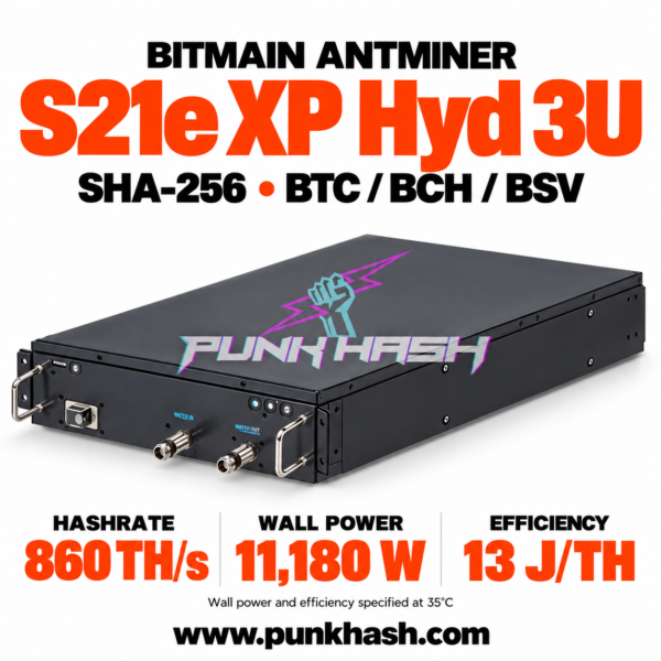 Minerador de Bitcoin Bitmain Antminer S21e XP Hyd 3U – 860 TH/s, 13 J/TH