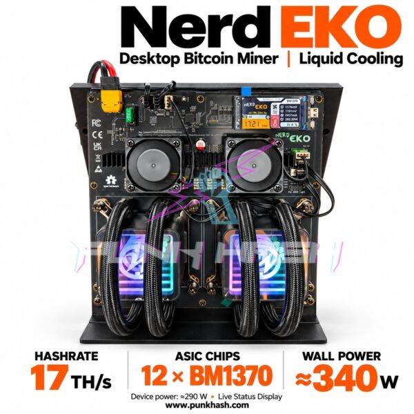جهاز تعدين البيتكوين المكتبي Nerd EKO 17 TH/s – 12 وحدة BM1370، تبريد سائل