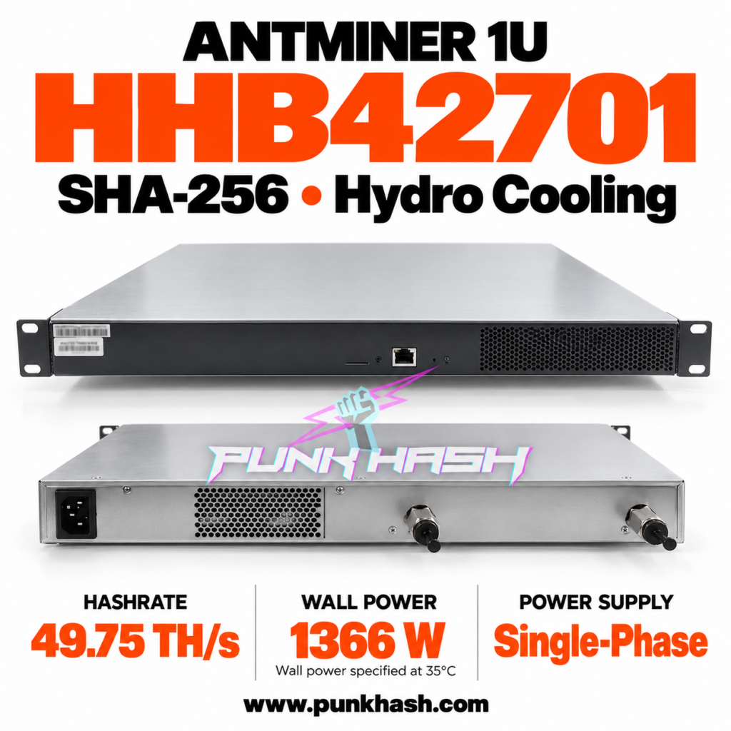 Antminer HHB42701 1U 수력 비트코인 채굴기 – 49.75 TH/s, 단상 전원