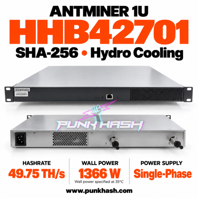 Antminer HHB42701 1U 수력 비트코인 채굴기 – 49.75 TH/s, 단상 전원