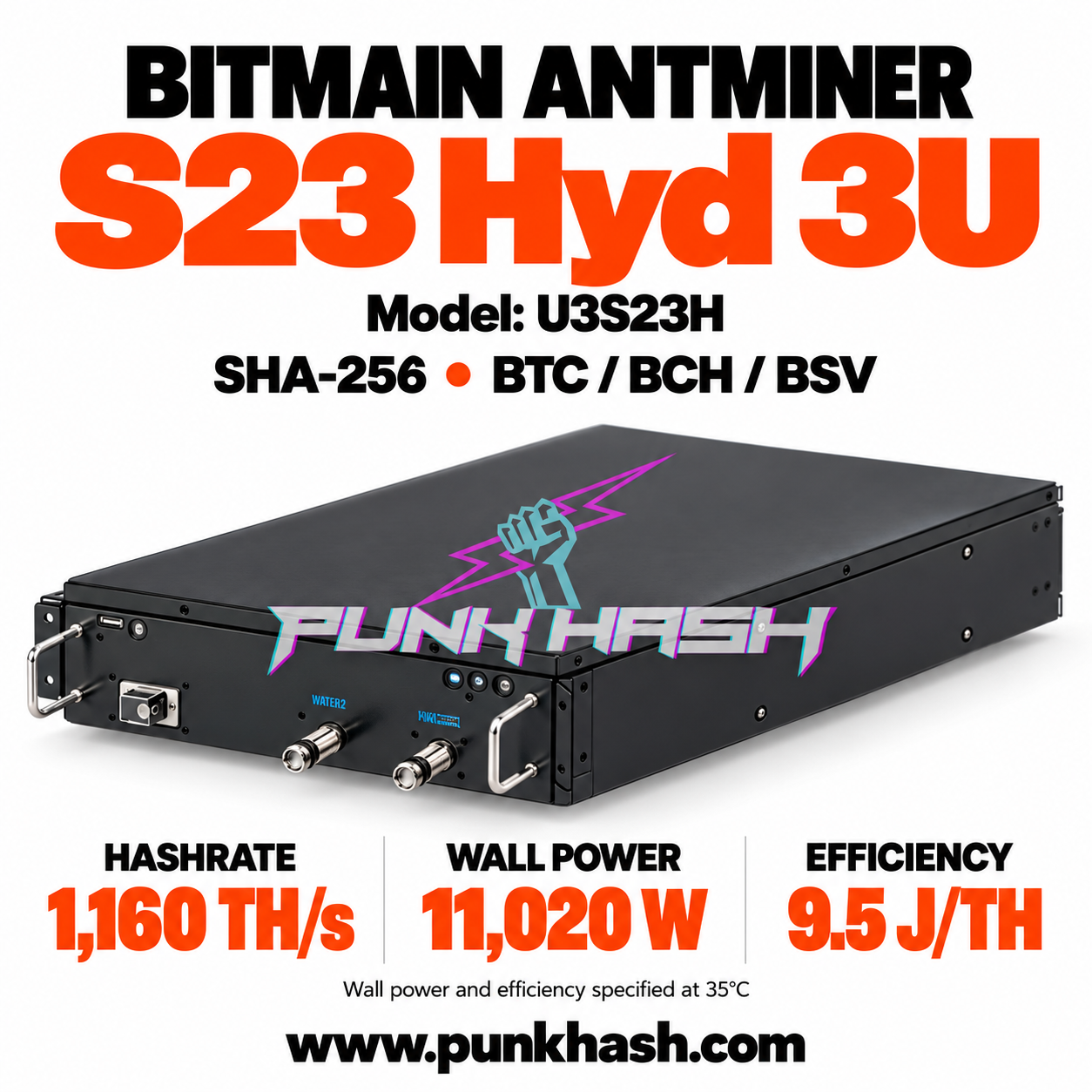 Antminer S23 Hyd 3U U3S23H — 35°C에서 1160 TH/s, 11,020W, 9.5 J/TH. Antminer S23 Hyd 3U U3S23H — 35°C에서 1160 TH/s, 11,020W, 9.5 J/TH.