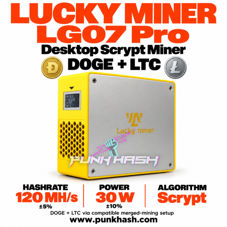 Lucky Miner LG07 Pro — 120 MH/s Desktop Scrypt Mining Lucky Miner LG07 Pro combines 120 MH/s ±5% of Scrypt hashrate with a specified power consumption of 30W ±10%. It is a desktop mining device for enthusiasts exploring compatible Dogecoin and Litecoin mining setups. Its yellow front panel, silver side panel and integrated display make the LG07 Pro easy to identify within the Lucky Miner range. 120 MH/s Hashrate with Modest Power Demand The LG07 Pro provides a nominal Scrypt hashrate of 120 MH/s, equivalent to 120 million hashes per second. The specified ±5% tolerance corresponds to a range of 114–126 MH/s. Its nominal power consumption is 30W, with a specified ±10% tolerance corresponding to 27–33W. These figures provide a useful basis for comparing hardware and planning electricity use. More Hashrate Than the LG07 Based on the supplied nominal specifications, the LG07 Pro offers approximately 10.9 times the hashrate of the LG07 while using twice the specified power. Specification Lucky Miner LG07 Lucky Miner LG07 Pro Algorithm Scrypt Scrypt Nominal hashrate 11 MH/s 120 MH/s Specified power 15W 30W Calculated nominal efficiency 1.36 J/MH 0.25 J/MH The LG07 Pro’s calculated nominal energy use per megahash is approximately 81.7% lower. This comparison uses the supplied hashrate and power figures; it is not a measured wall-efficiency comparison or a guarantee of mining returns. DOGE + LTC Through Compatible Merged Mining Dogecoin and Litecoin use Scrypt-based proof of work. A compatible merged-mining setup allows the same hashing work to contribute to both networks. For the LG07 Pro, confirm firmware compatibility and select a service that supports your intended mining configuration. Check its reward distribution, fees, minimum share difficulty and payout thresholds. The listed 120 MH/s is the device’s Scrypt hashrate. Merged mining does not create two separate 120 MH/s outputs. Desktop Design with Integrated Display The LG07 Pro features a built-in front screen and a honeycomb ventilation grille. Its desktop enclosure keeps the device accessible for setup and observation. Display information depends on the installed firmware. Keep ventilation openings clear and follow the supplied operating instructions. Lucky Miner LG07 Pro Technical Specifications Parameter Specification Brand Lucky Miner Model LG07 Pro Mining algorithm Scrypt Specified hashrate 120 MH/s ±5% Hashrate tolerance range 114–126 MH/s Specified power consumption 30W ±10% Power tolerance range 27–33W Calculated nominal efficiency 0.25 J/MH Target coins Dogecoin (DOGE) / Litecoin (LTC) DOGE + LTC operation Compatible merged-mining configuration required Display Integrated front display Appearance Yellow enclosure with silver side panel Product format Desktop miner Calculated efficiency is based on 30W divided by 120 MH/s. Power measurement basis, adapter specifications, network connectivity and included accessories should be confirmed before ordering. Electricity Consumption At a constant nominal power of 30W, calculated electricity consumption is: Operating Period Calculated Energy Use 1 hour 0.03 kWh 24 hours 0.72 kWh 30 days of continuous operation 21.6 kWh Estimated daily electricity cost = 0.72 × your electricity price per kWh. These calculations use nominal specified power. Actual wall consumption may differ due to operating conditions and power-adapter losses. Who Is the LG07 Pro For? The Lucky Miner LG07 Pro is an option for: - Hobbyists exploring Dogecoin and Litecoin mining. - Users seeking more Scrypt hashrate than the LG07. - Learners practising mining pool and worker configuration. - Enthusiasts building a desktop mining setup. Mining results depend on network difficulty, pool rules, uptime and electricity costs. Hardware specifications do not guarantee daily earnings or block rewards. Frequently Asked Questions What is the Lucky Miner LG07 Pro? The Lucky Miner LG07 Pro is a desktop Scrypt miner with a specified hashrate of 120 MH/s ±5% and power consumption of 30W ±10%. What is the difference between the LG07 and LG07 Pro? The supplied LG07 specifications are 11 MH/s and 15W. The LG07 Pro is specified at 120 MH/s ±5% and 30W ±10%, providing approximately 10.9 times the nominal hashrate at twice the nominal power. Can the LG07 Pro mine Dogecoin and Litecoin together? A compatible merged-mining setup can use the same Scrypt hashing work for both networks. Firmware compatibility and the mining service’s reward rules determine how this works in practice. Can it mine Bitcoin? No. This product uses Scrypt, while Bitcoin requires SHA-256 mining hardware. How much electricity does it use per day? At a constant nominal power of 30W, calculated electricity consumption is 0.72 kWh per day. Actual wall consumption may differ. Does it support solo mining? Solo mining compatibility depends on the firmware and chosen solo pool or node setup. Confirm compatibility before purchasing for this purpose. Solo mining rewards are probabilistic and may involve long periods without a reward. Is the power adapter included? Contact PunkHash to confirm package contents, adapter specifications and plug options for your destination. Buy Lucky Miner LG07 Pro from PunkHash PunkHash supplies mining hardware and provides product-selection and technical support. Contact our team for LG07 Pro pricing, availability, configuration details and shipping options. For separate custom Solo miner projects, PunkHash also offers OEM/ODM services covering product design, research and development, branding and production. Customization scope is assessed according to project requirements. Request a Quote Send your required quantity and delivery destination to receive a quotation for the Lucky Miner LG07 Pro. Contact PunkHash on WhatsApp — LG07 Pro Enquiry